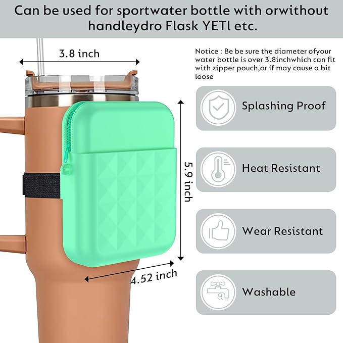 Water Bottle Pouch for Stanley Quencher Adventure 40oz & Stanley IceFlow 20oz 30oz Tumbler, Gym Water Bottle Silicone Rubber Pouch for Stanley Cup with Pocket for Cards, Keys, Earphone (Mint)