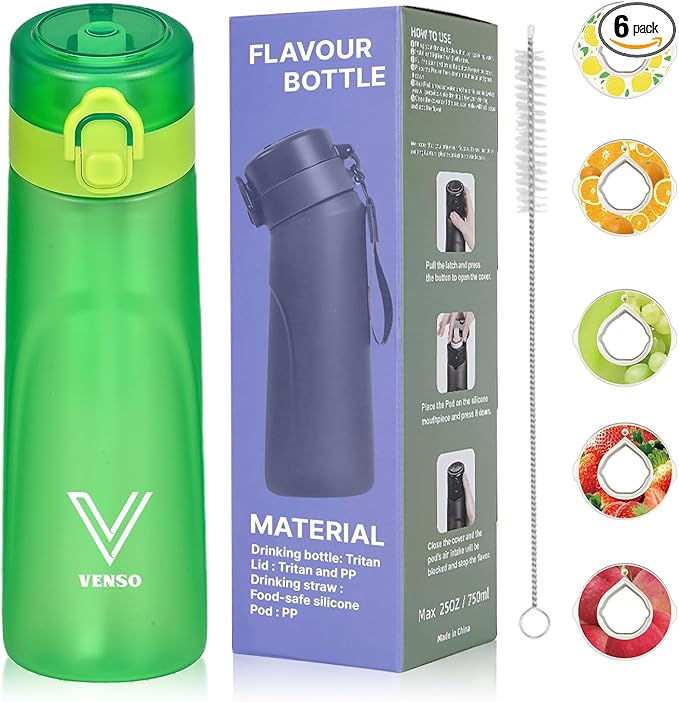 Water Bottle,650 ml scent water bottle with 5 flavor pods,Leak proof and BPA-free sports air water bottle with straw,suitable for outdoor sports,0 sugar,0 calorie,Ideal gift (green)