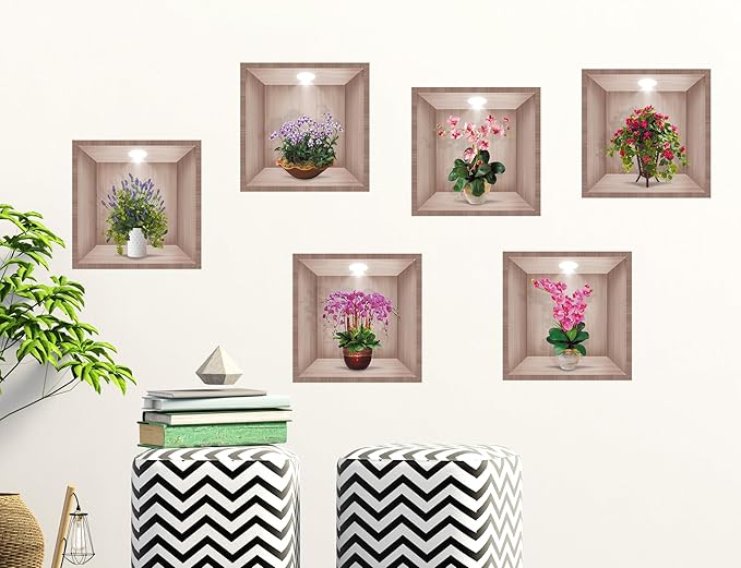 DTLIFEK 3D Green Plants Wall Decals 3D Flowers Vase Wall Sticker Green Pot Plants Wall Decor Colorful Floral Blossom Botanical Wall Panels Removable Peel and Stick Wallpaper for Bedroom Kitchen 39090