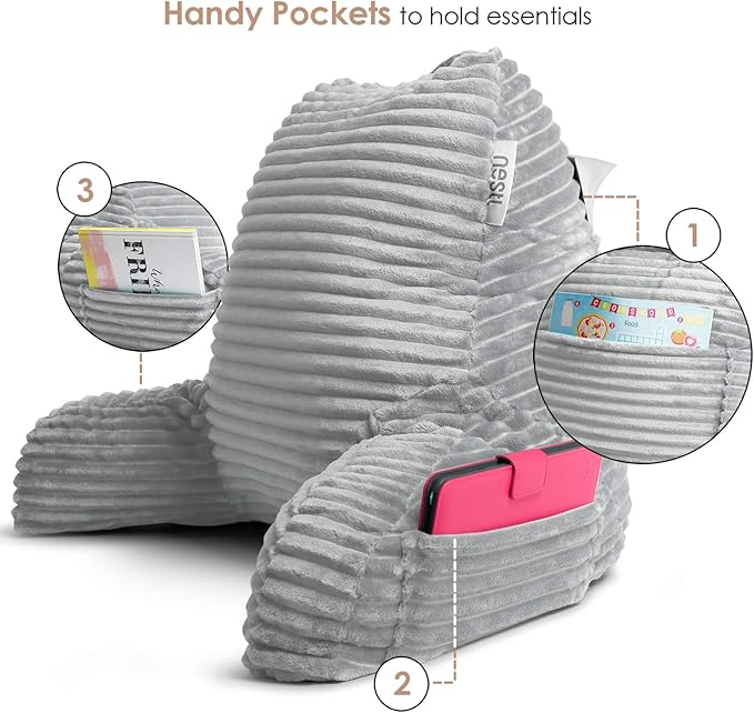 Nestl Reading Pillow with Portable Lap Desk Stand for Laptop 22x14”, Cut Plush Striped Back Pillow, Back Support Pillow, Shredded Memory Foam Bed Rest Pillow with Arms for Kids & Teen, Medium - Silver
