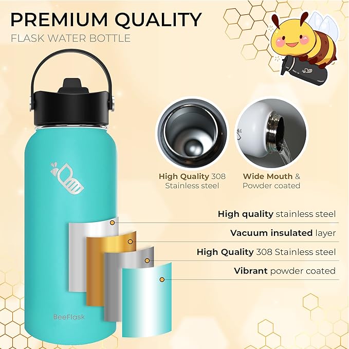 Sports Water Bottle - 32 Oz, Includes 50 Cute Flask Stickers, 3 Lids (With straw), Vacuum Insulated, 308 Stainless Steel | Turquoise