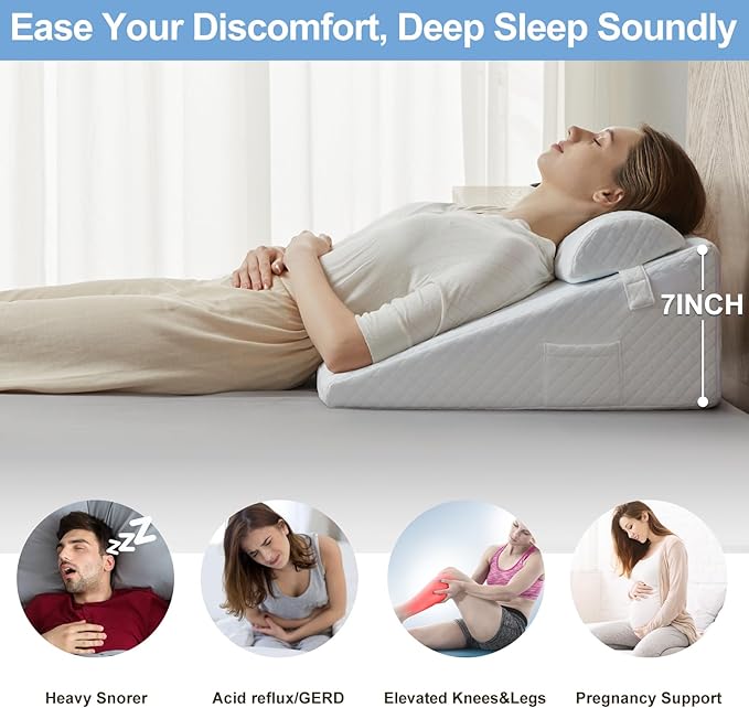 Wedge Pillow, 7” Bed Wedge Pillow for Sleeping, Elevate Incline Pillow for Adults, Memory Foam Wedge with Washable Case, Ideal for Rest & Relax