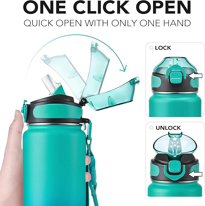 Enerbone Insulated Water Bottle, 32 oz Stainless Steel Water Bottles with Carrying Strap, Double-Wall Vacuum Insulation Thermos, Leakproof Sports Bottle with Straw, Keep Drinks Hot or Cold for Hours