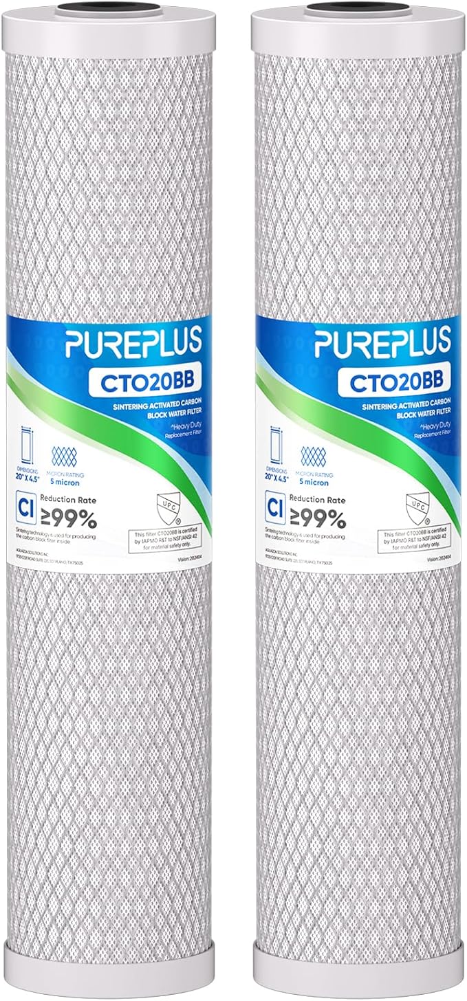 PUREPLUS 5 Micron 20" x 4.5" Whole House Coconut Shell Activated Carbon Water Filter Replacement Cartridge, Compatible with EPM-20, CB-20, 155783-43, FC25B, 2 Pack