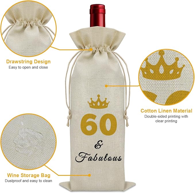 Sazuwu 60 Years Old Birthday Gifts for Women Men Wine Bag Gifts for Someone Turning Sixty 1964 Birthday Gifts Wine Accessories Gifts for Wine Lovers Happy 60th Birthday Gifts for Mom Dad