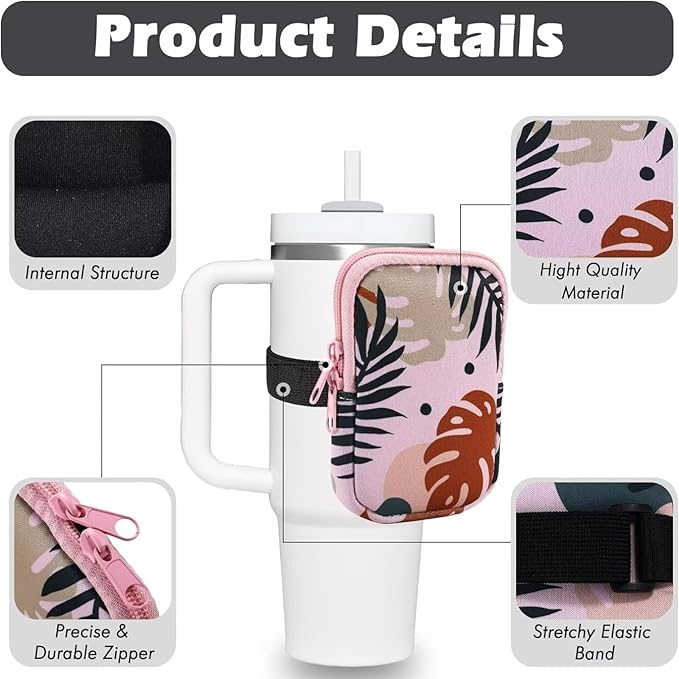 Water Bottle Pouch for Stanley Quencher 40Oz with Straw Covers, Compatible with Stanley,Straw Cover for Stanley,Tumbler Accessories Workout, Pink