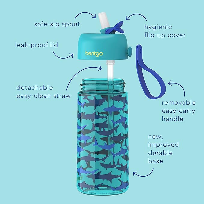 Bentgo Kids Water Bottle 2-Pack - Leak-Proof, Durable Tritan™, BPA-Free 15 oz Cup for Kids/Toddlers 3+; Flip-Up Straw; Dishwasher Safe for School/Sports/Daycare/Camp (Rocket/Shark)