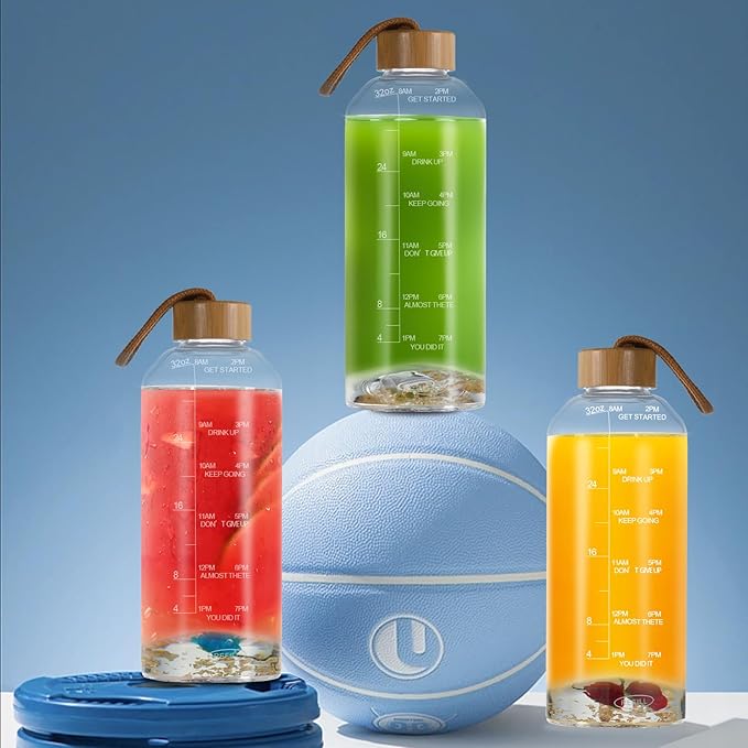 Crazy Music 32 oz Clear Glass Water Bottles,Reusable Glass Juicing Bottles with Bamboo Leak Proof Lids -Sports Water Bottle with Time Marker for Gym, Sports, Outdoors(Gold RosesTheme)