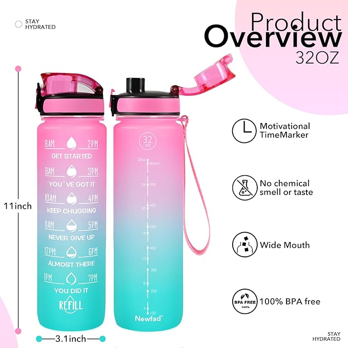 32 oz Water Bottles with Straw & Strap, Motivational Water Bottles with Times to Drink, BPA Free Reusable Sports Water Bottle with Sleeve Carrier for Gym, Workout or Fitness (Butterfly in Love)