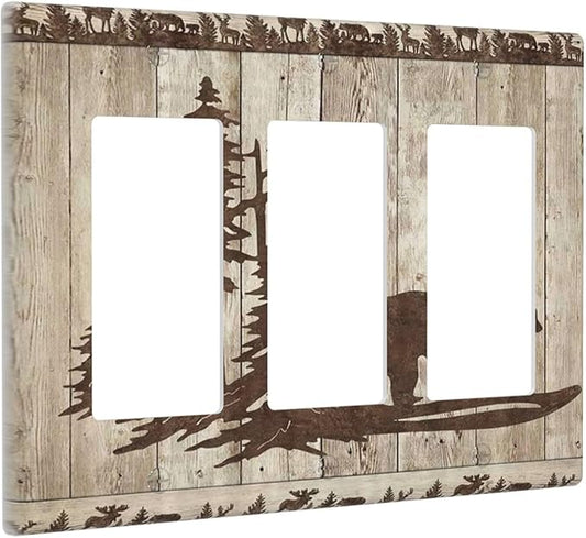 Rustic Wood Bear Forest 3 Gang Rocker Light Switch Plate Vintage Antique Cabin Triple Decora Outlet Wall Plate Cover Faceplate Decorative Switchcovers GFCI for Farmhouse Bathroom Bedroom Decorate