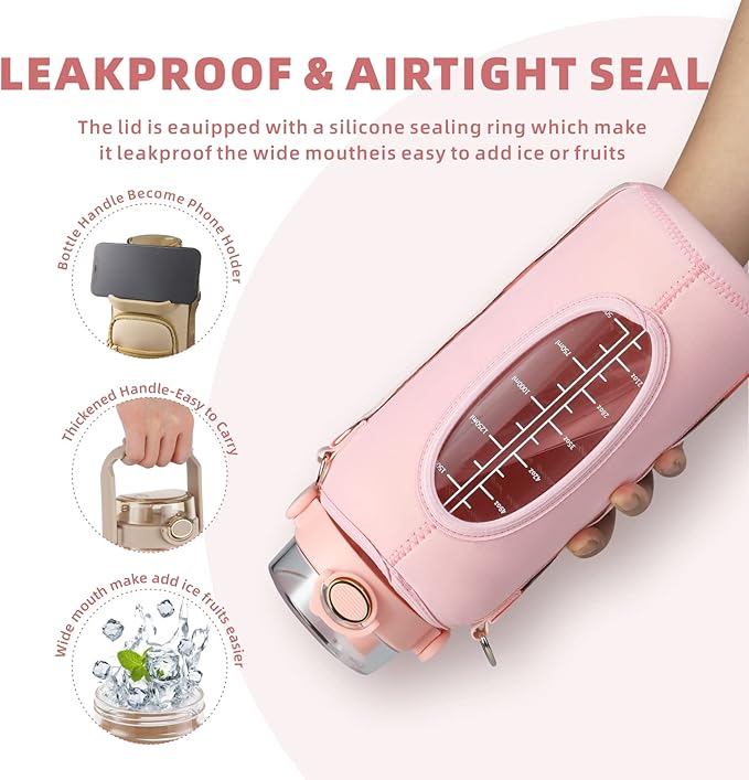 Half Gallon 64oz Glass Water Bottle with Straw and Storage Sleeve Motivational Water Bottle with Strap and Time to Drink 2L Leakproof Reusable Water Jug for Fitness Gym and Outdoors