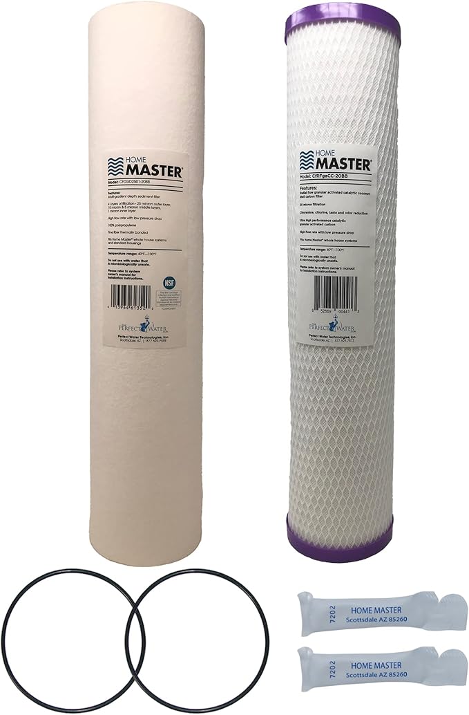 Home Master Whole House 4-Layer Sediment 25 Down to 1 Micron, Radial Flow Catalytic Carbon, 2 orings & Grease, 20gpm, Replacement Filter Set CsetBB2SmgRFCC 20x4.5