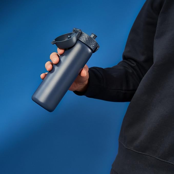 ION8 Steel Water Bottle, 600 ml/20 oz, Leak Proof, Easy to Open, Secure Lock, Dishwasher Safe, Flip Cover, Fits Cup Holders, Carry Handle, Durable, Scratch Resistant, Carbon Neutral, Navy Blue