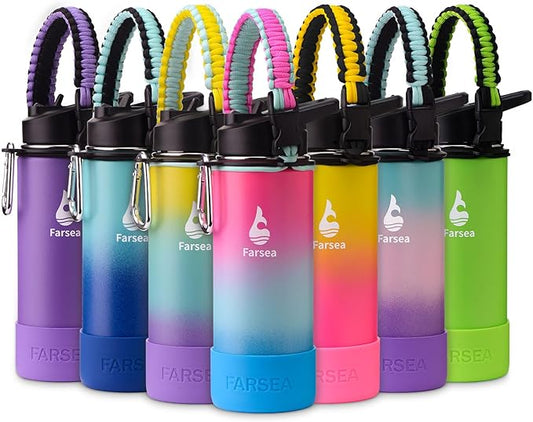 Farsea Insulated Water Bottle With Paracord Handle, Protective Boot and 2 Lids (Straw Lid & Spout Lid), Stainless Steel Water Bottle Wide Mouth, Double Wall Sweat-Proof BPA-Free, 18 oz