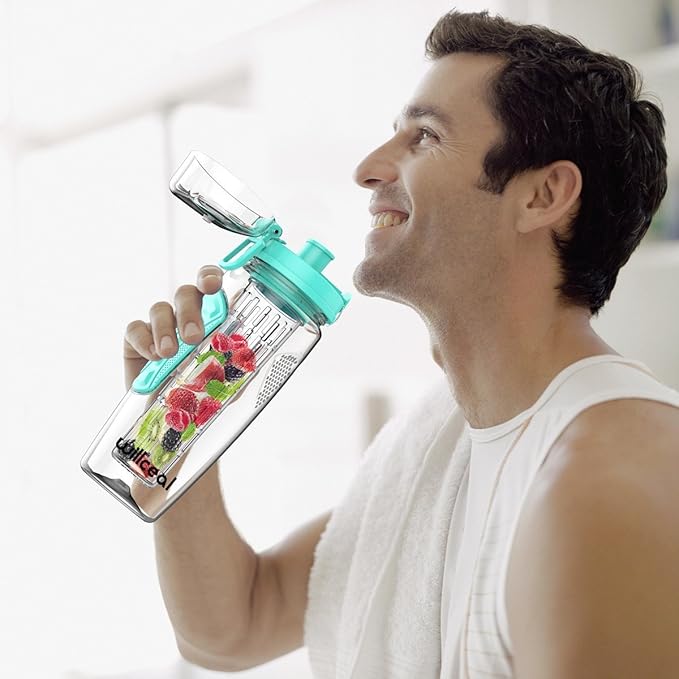 Fruit Infuser Water Bottle 32oz- Durable, Large - BPA Free Tritan, Flip Lid, Leak Proof Design - Sports, Camping