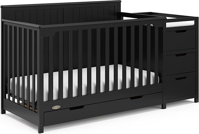 Graco Hadley 5-in-1 Convertible Crib and Changer with Drawer (Black) – GREENGUARD Gold Certified, Crib and Changing Table Combo with Drawer, includes Baby Changing Pad, Converts to Full-Size Bed