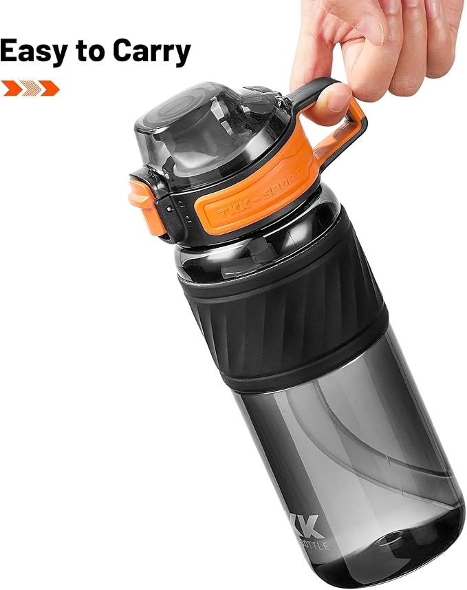 TKK 20oz Sports Water Bottles with Removable Straw Durable BPA Free Tritan Bottles Leak-Proof Water Bottles for School, Fitness, Gym, Outdoor, Black