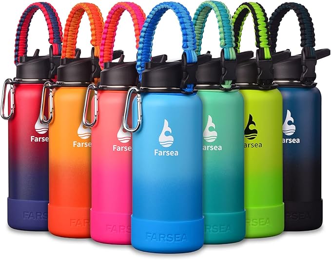 Farsea Insulated Water Bottle With Paracord Handle, Protective Silicone Boot and 2 Lids (Straw Lid & Spout Lid), Stainless Steel Water Bottle Wide Mouth, Double Wall Sweat-Proof BPA-Free, 32 oz