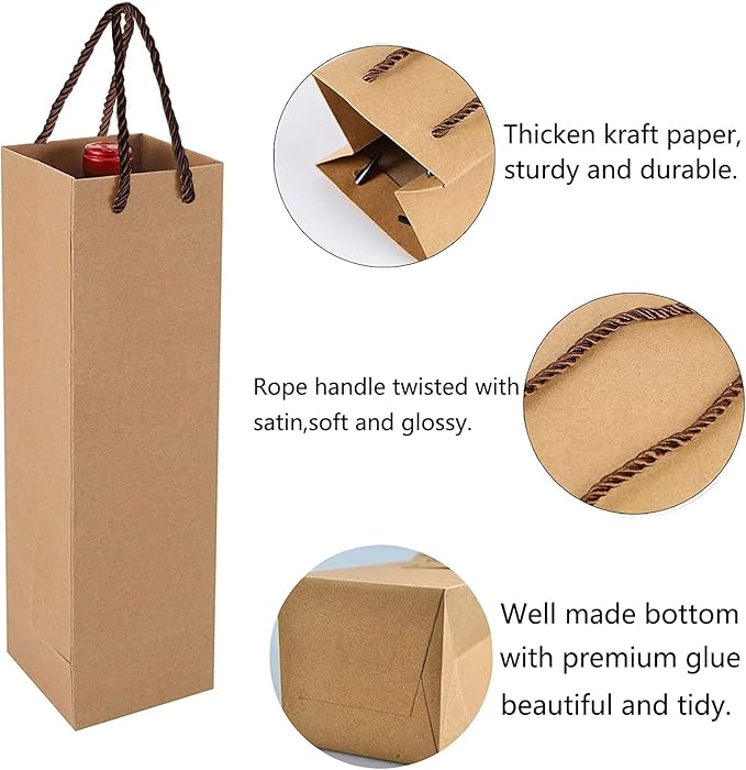 DQZSY 20 Pack Brown Wine Gift Bag, Wine Tote Bags Bulk Kraft Paper Bag with Handles for Party, Shopping,Christmas, Retail Merchandise
