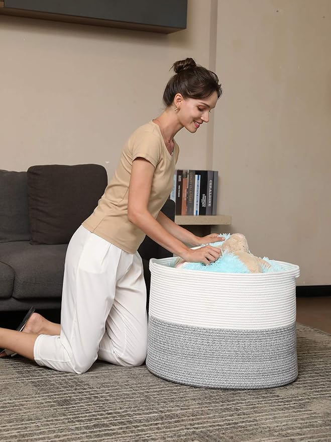 24" x 24" x 17" Max Size Large Cotton Rope Basket, Extra Large Storage Basket, Woven Laundry Hamper, Cloth Storage Bin, for Blankets Clothes Towels Pillows in Living Room, Grey Mix