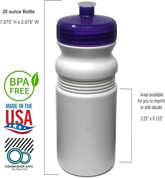 Rolling Sands 20 Ounce Sports Water Bottles 6 Pack, BPA-Free, Made In USA, Dishwasher Safe, White Bottles/Purple Lids