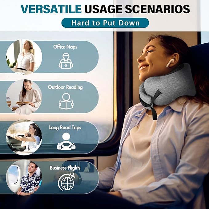 PORTHOLIC 2024 Upgraded Travel Neck Pillow with Buckle,100% Pure Memory Foam Travel Neck Pillow for Airplane Travel Flight Headrest Sleep, Portable Plane Accessories(Light Grey)
