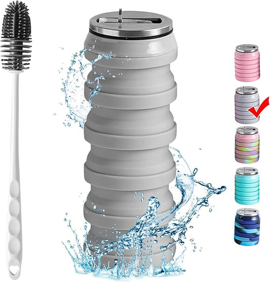 BeHeSo Collapsible Water Bottles with Silicone Brush - Straw Silicone Foldable Water Bottle Reusable Camping Cup Leak Proof Portable Travel Sport Water Bottle-500ml/17oz (Grey)