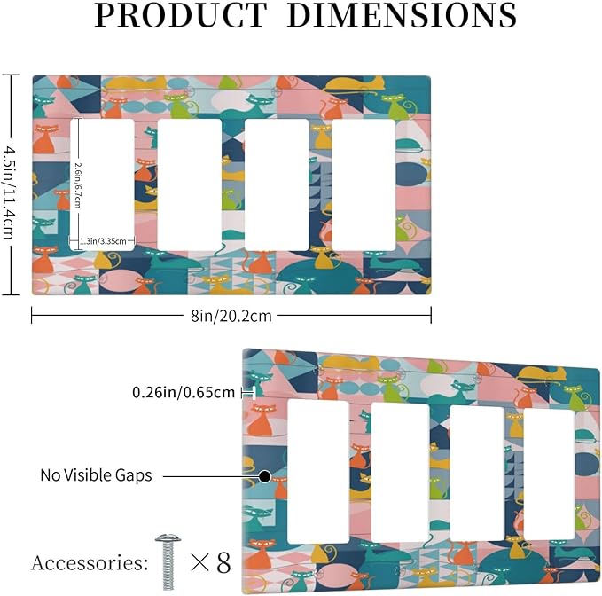 Mid Century Modern Atomic Cute Cats 4 Gang Rocker Decora Light Switch Cover Outlet Covers Wall Plate Decorative Switchplate Electrical Faceplate GFCI for Kidroom Nursery Bedroom Decor