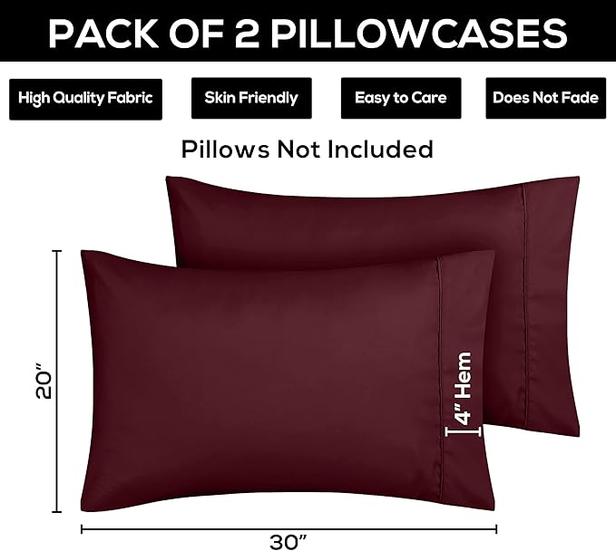 Utopia Bedding Standard Pillow Cases - 2 Pack - Envelope Closure - Soft Brushed Microfiber Fabric - Shrinkage and Fade Resistant Pillow Covers 20 X 26 Inches (Standard, Burgundy)