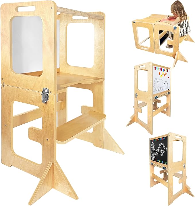 Kitchen Step Stool for Kids 5 in 1 Montessori Kitchen Tower for Kids, Kids Step Stool Standing Tower, Natural Wood