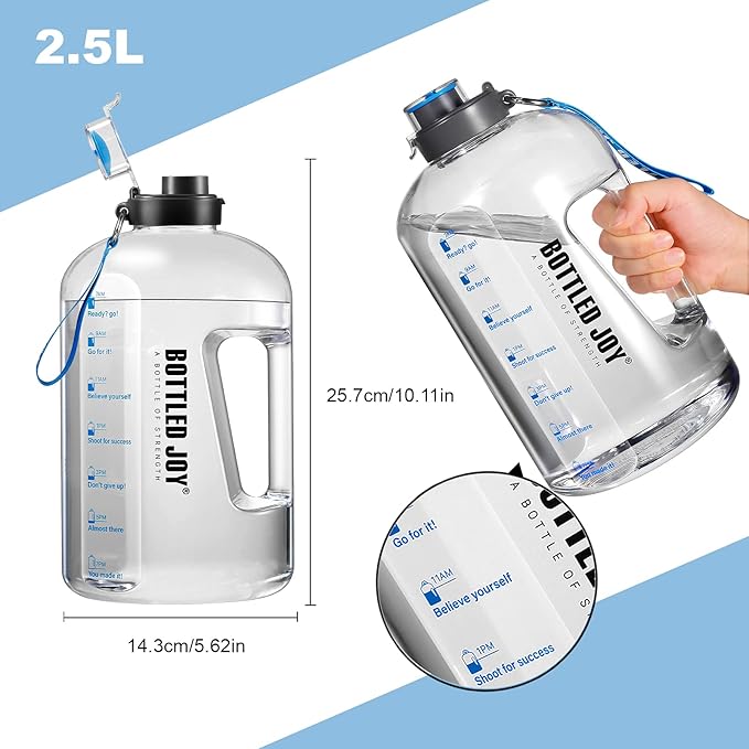 Water Bottle with Time Markings, 2.5 Litre Sports Water Bottle with Handle Leakproof Reusable & BPA Free, Flip Cap with Cleaning Brush Daily Water Intake Bottle Ideal for Gym Office