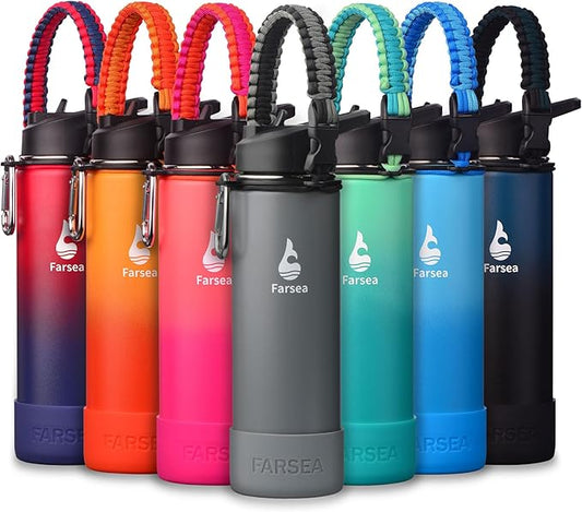 Farsea Insulated Water Bottle With Paracord Handle, Protective Silicone Boot and 2 Lids (Straw Lid & Spout Lid), Stainless Steel Water Bottle Wide Mouth, Double Wall Sweat-Proof BPA-Free,24 oz