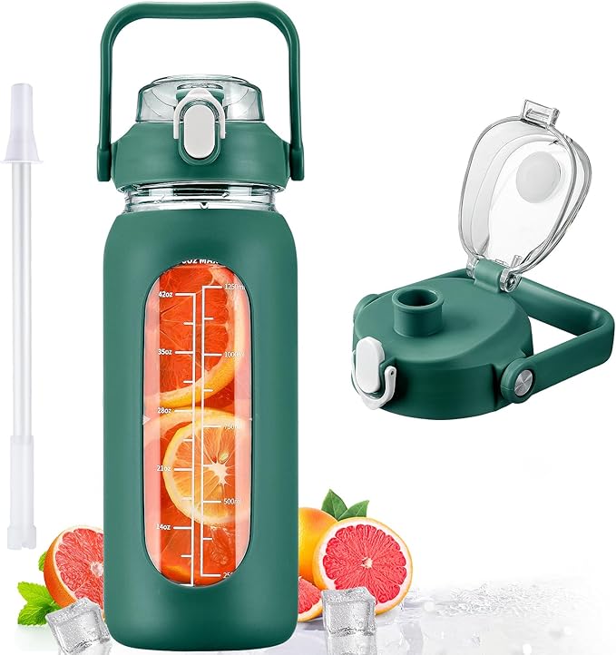 kytffu 56oz Glass Water Bottles with Straw, Motivational Glass Bottle with Silicone Sleeve and Time Marker, Leakproof Large Glass Water Jug for Gym Home Office,Ink green