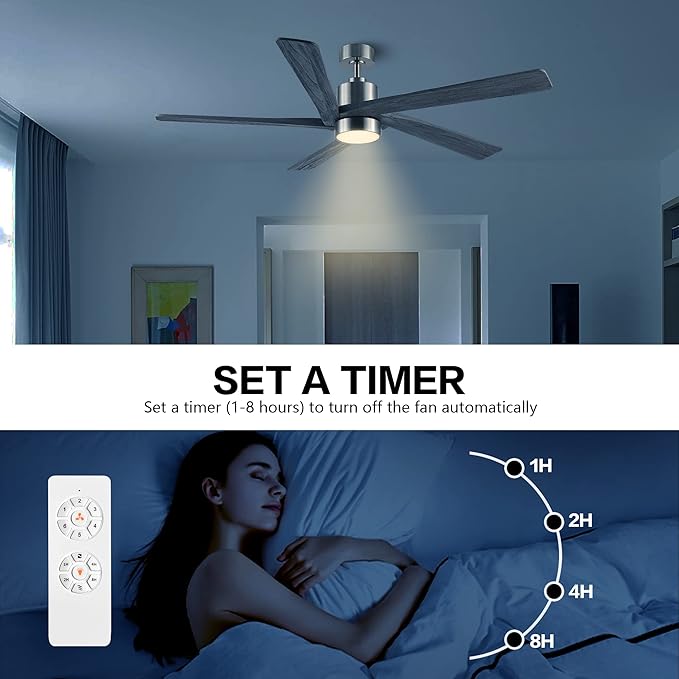 WINGBO 54 Inch DC Ceiling Fan with Lights and Remote Control, 5 Reversible Carved Wood Blades, 6-Speed Noiseless DC Motor, Modern Ceiling Fan in Brushed Nickel Finish with Gray Blades, ETL Listed