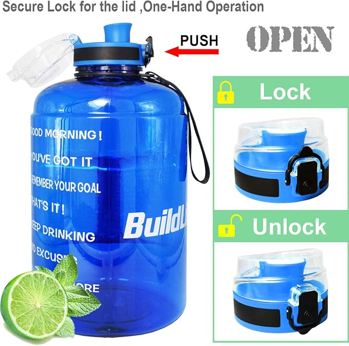 QuiFit 1 Gallon Water Bottle - 128 oz Water Bottle with Times to Drink - BPA Free Motivational Water Bottle with Infuser - Large Water Bottle - Sports Water Bottle 1 Gallon in Gym(Blue, 1 Gallon)
