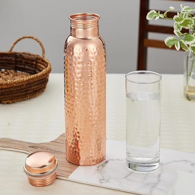 Pure Copper Metal Water Bottle - 32 oz - Indian Handmade Ayurveda Healing Benefit Drinking Water Bottle for Travel, Hiking, Gym, Office, Outdoor - Glossy Hammered