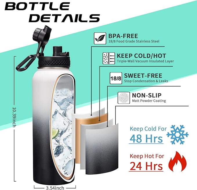 Stainless Steel Water Bottle 40oz with Straw & Auto Spout Lids, Paracord Handle, Insulated Water Bottle Carrier Bag & Bottle Protective Boot, Thermo Flask Metal Canteen Bottle Keep Cold-48H & Hot-24H