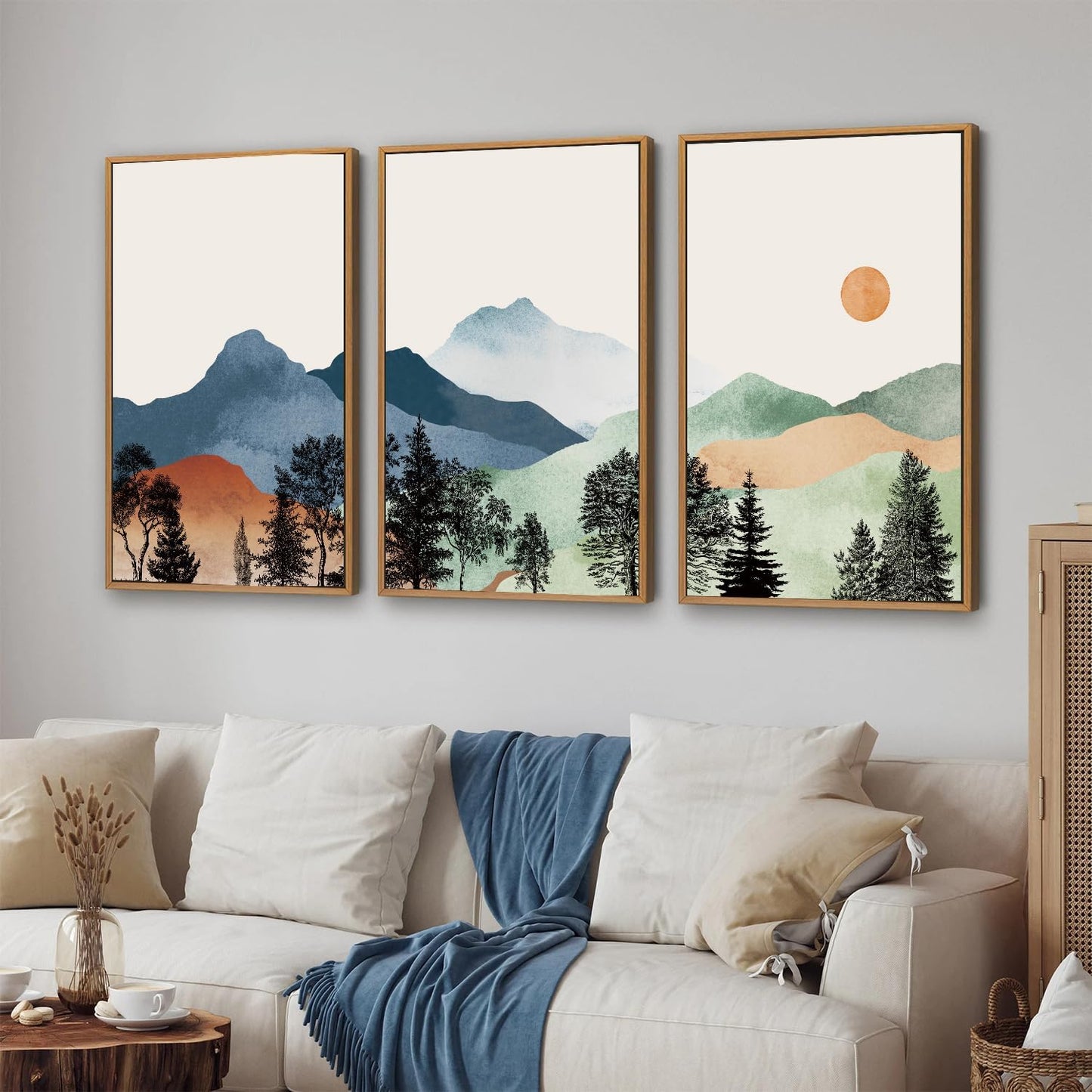 SIGNINART Boho Mountain Framed Canvas Wall Art Set of 3, Watercolor Nature Landscape Set Art Prints, Modern Sunrise Art Paintings, Green Forest Wall Decor for Living Room, Bedroom, Office 16"x24"x3