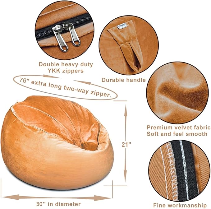 Bean Bag Chair Cover, Stuffed Animal Storage, Plush Toys Organizer Holder, Beanbag Chairs Cover for Kids Teans and Adults Super Soft and Comfortable Fabric X-Large with Handle and Zipper - Round Brown