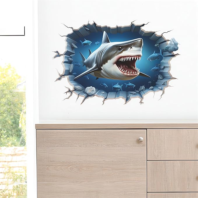 Broken Wall Fierce Shake Wall Stickers, sacinora Under The Sea Animal Wall Decals Removable Vinyl Peel and Stick for Boys Kids Baby Nursery Living Room Bedroom Sofa TV Background Art Decorations