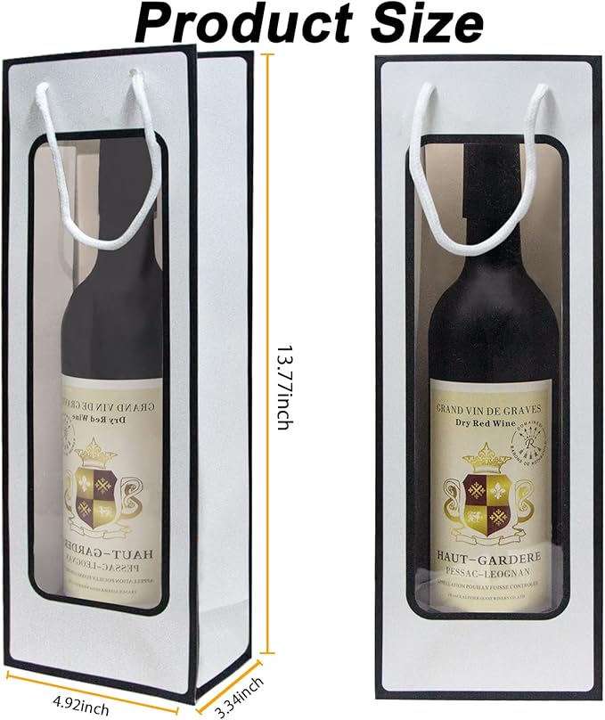 WAKAKO 12 Pcs Wine Gift Bags for Wine Bottles, Reusable Clear Window Wine Bottle Bags Bulk with Handles for Weddings, Valentine's Day, Birthday, Party, Graduations, Thanksgiving (White)