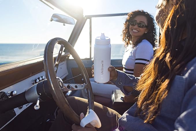 LifeStraw Go Series – Insulated Stainless Steel Water Filter Bottle for Travel and Everyday use removes Bacteria, parasites and microplastics, Improves Taste, 24oz Polar White