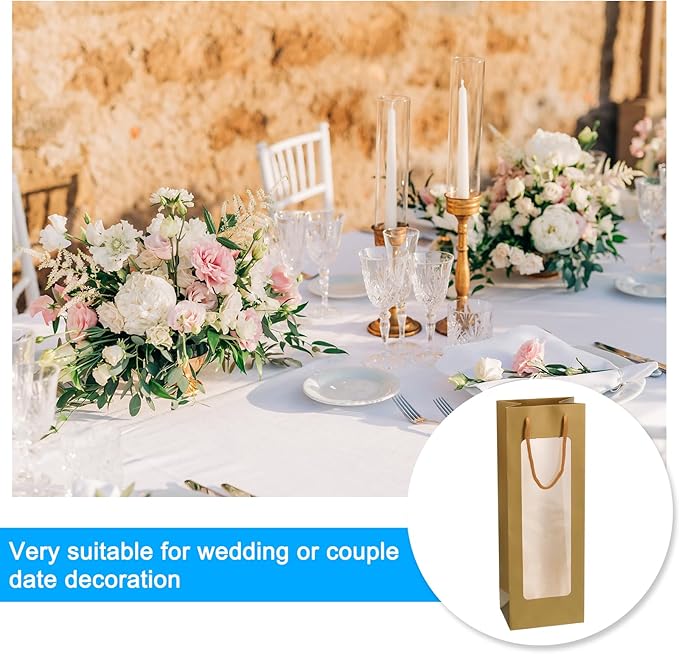 uxcell Wine Bags, 20pcs 4.92"x3.35"x14.2" Wine Gift Bags with Rope Handles, Paper Wine Tote Bag with Clear Window for Wedding Birthday Christmas Party Supplies, Gold