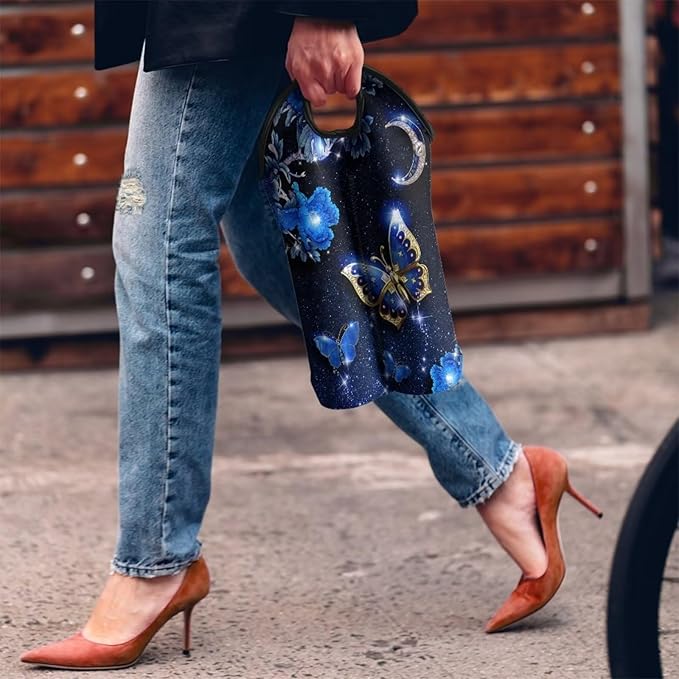 doginthehole Blue Butterfly Wine Bag with Handle Neoprene Tote Wine Champagne Beer Bags Reusable Washable Wine Carrier Portable 2 Bottle Wine Carrying Bag, Gift for Wine Lover