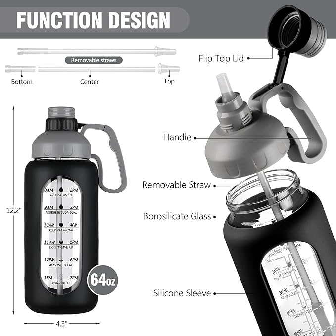 MUKOKO 64oz Glass Water Bottles with Straw, Half Gallon Water Bottle with Time Marker, Motivational Water Bottle with Silicone Sleeves,Large Glass Water Bottle for Gym,Working,Outdoor,Black