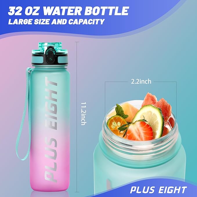 Sports Water Bottle, 32 oz Motivational Water Bottles with Time Marker to Drink, Leak-Proof Tritan BPA-Free with Carrying Strap for Women Men Gym Fitness Outdoor (Green Purple)