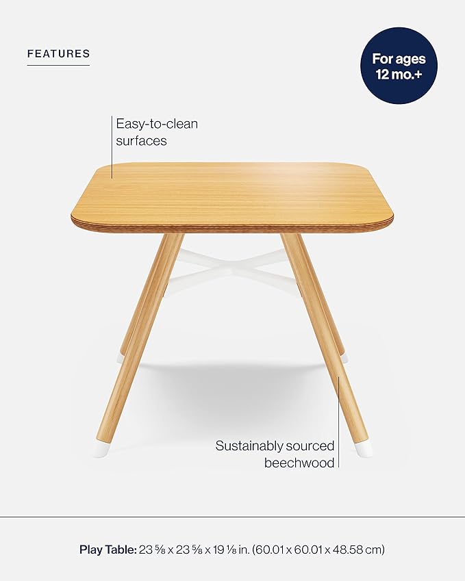 Lalo The Play Table, Wooden Preschool Table and Kids Activities Table with Easy to Clean Surface - Quick & Easy Set Up - Safe and Secure, 23 ⅝ x 23 ⅝ x 19 ⅛ in - Natural