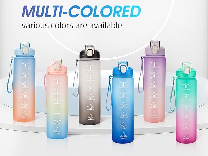 Motivational Water Bottle with Time Marker- 32oz Water Bottles with Times to Drink, Leakproof & BPA Free Sports Water Bottle with Straw & Carry Strap for Fitness, Gym, and Outdoor Sports