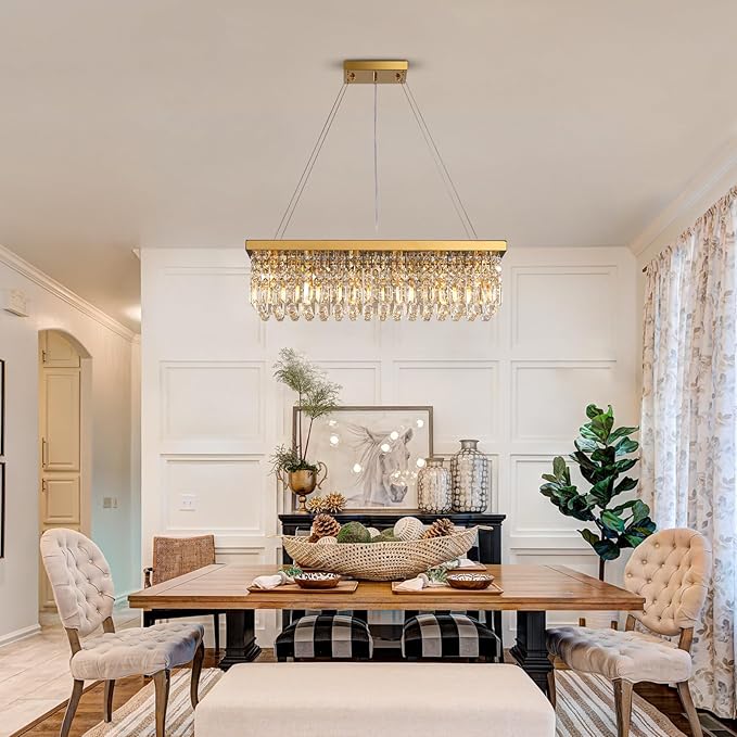 Siljoy 6-Light Modern Crystal Chandelier Rectangular Gold K9 Crystal Raindrop Chandelier for Dining Room, Luxury Adjustable Ceiling Pendant Light for Living Room Kitchen Island L31.5'' x W10'' x H10''