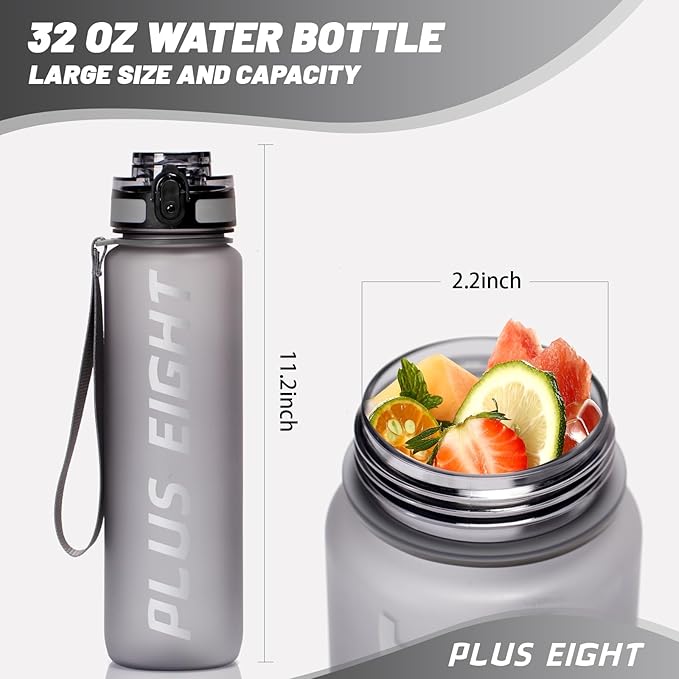 Sports Water Bottle, 32 oz Motivational Water Bottles with Time Marker to Drink, Leak-Proof Tritan BPA-Free with Carrying Strap for Women Men Gym Fitness Outdoor (Grey Matte)